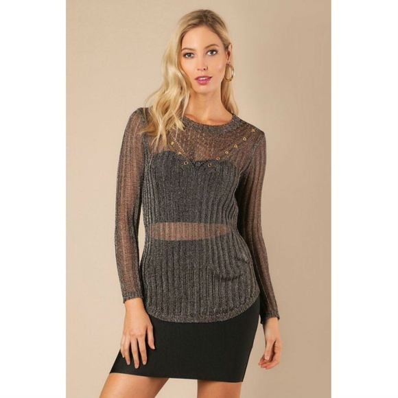 Palm Beach Boutique Sweaters - Gunmetal Long Sheer Metallic Sweater Top